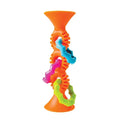Orange suction cup toy with three interlinked textured rings in blue, pink, and lime green.