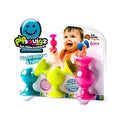 Three textured silicone suction toys in teal, lime green, and magenta inside clear PipSquigz retail packaging.