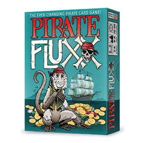 Teal Pirate Fluxx card game box featuring a monkey on gold coins, a sailing ship, and a skull with crossbones.
