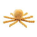 Ochre plush octopus toy with embroidered eyes, a stitched smile, and eight long, curly twisted tentacles.
