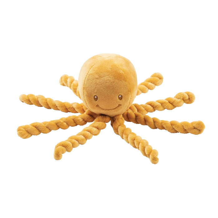 Ochre plush octopus toy with embroidered eyes, a stitched smile, and eight long, curly twisted tentacles.