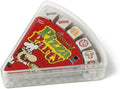 Triangular pizza slice game case with red packaging, cartoon chef, and dice featuring pizza topping icons.