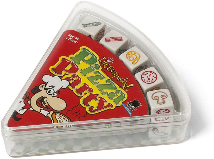 Triangular pizza slice game case with red packaging, cartoon chef, and dice featuring pizza topping icons.
