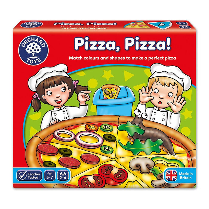 Red board game box showing two young chefs and a large pizza with toppings and a silly cartoon slug.