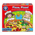 Red board game box showing two young chefs and a large pizza with toppings and a silly cartoon slug.