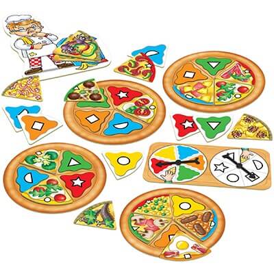 Colorful pizza matching game with four circular boards, shape-coded slices, a double spinner, and a cartoon chef.