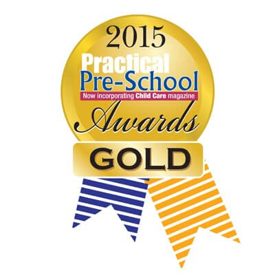 Gold 2015 Practical Pre-School Gold Award seal with blue and orange striped ribbons.