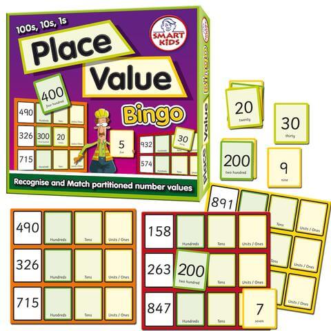 Purple bingo box with colorful grid boards and numbered cards showing place values for hundreds, tens, and ones.