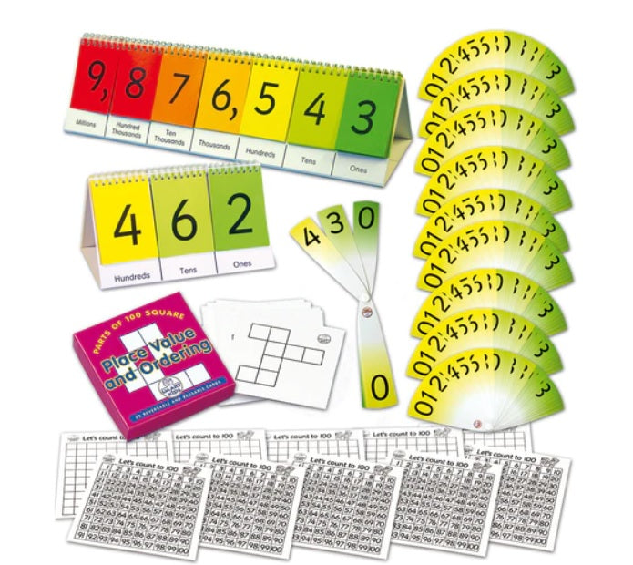 Colorful math kit featuring rainbow flip charts, handheld number fans, grid worksheets, and a red instructional box.
