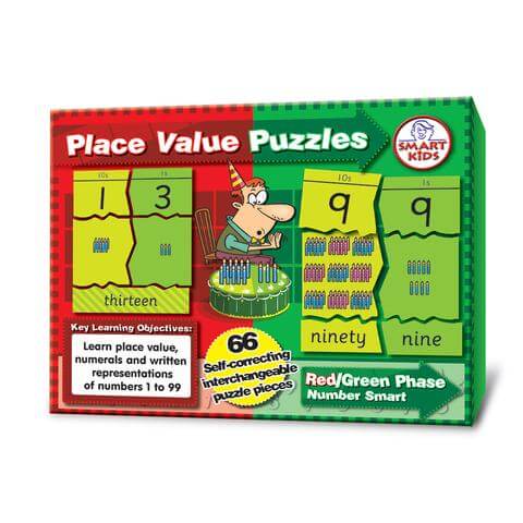 Red and green game box featuring number puzzle pieces, words, and bundles of sticks next to a cartoon birthday cake.