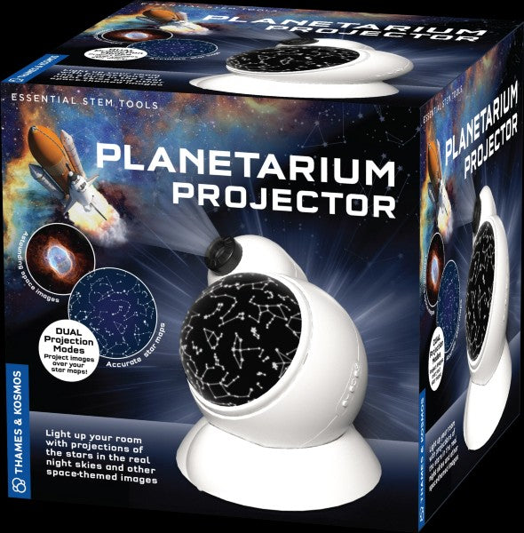 White dome-shaped projector on a space-themed box displaying constellation maps, a space shuttle, and nebulas.