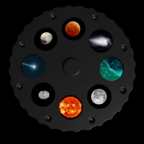 Circular black projector disc featuring eight colorful images of celestial objects like the sun, moon, and comets.