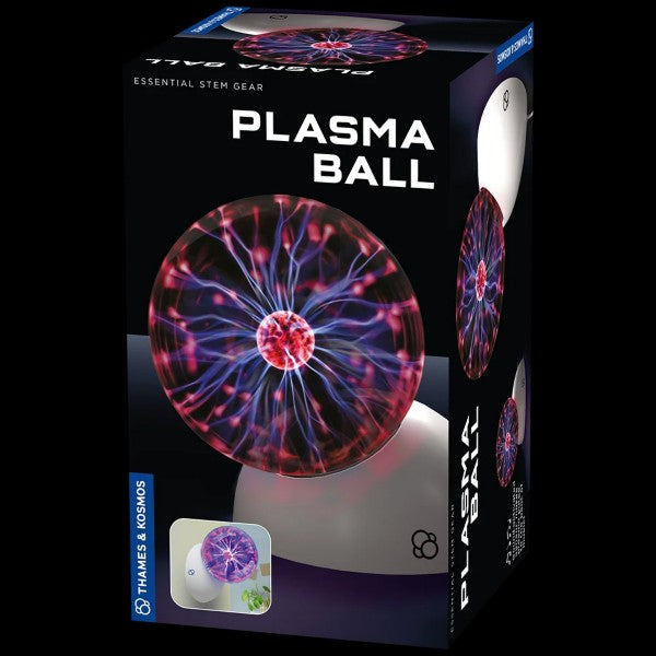 Packaging for a plasma ball showing a glass sphere with red and purple electric arcs on a white base.