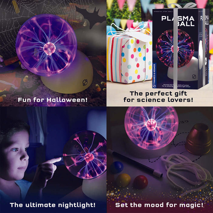 Collage of a purple and pink glowing plasma sphere in a box, as Halloween decor, and a nightlight touched by a child.