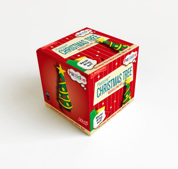 Red cube-shaped box for a Christmas tree modelling kit showing a green clay tree with a yellow star.
