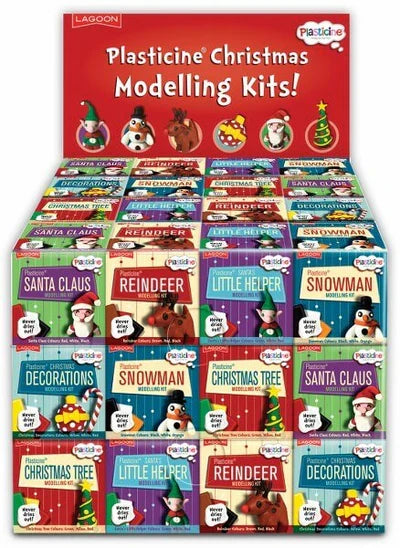 A tiered red display box full of small, colorful Plasticine Christmas kits, including a green Christmas tree modelling set.
