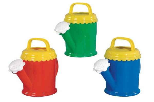 Red, green, and blue plastic toy watering cans with yellow lid handles and white perforated spouts.