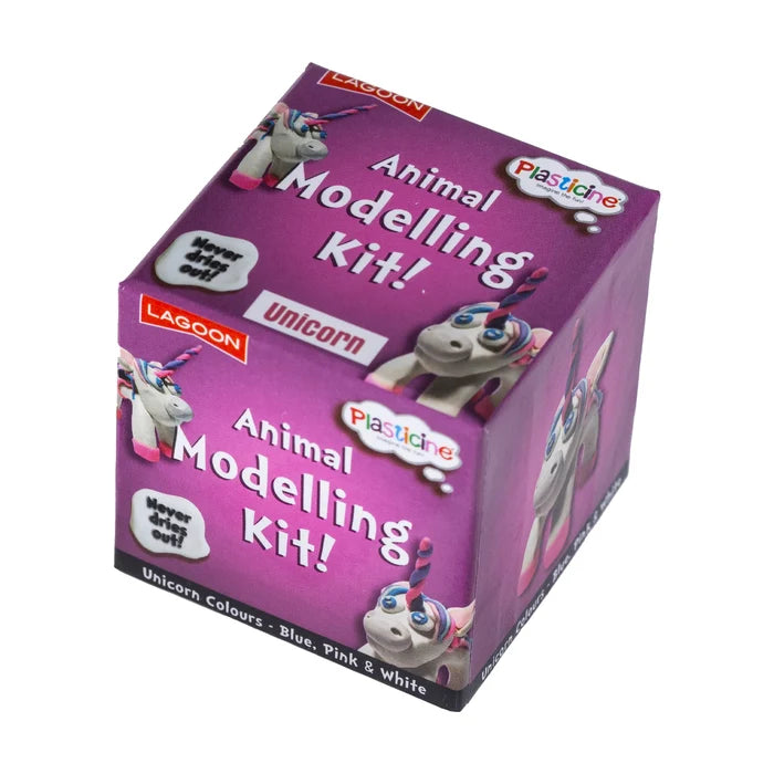 Purple square box for a Plasticine unicorn modelling kit featuring a white clay unicorn with pink and blue details.