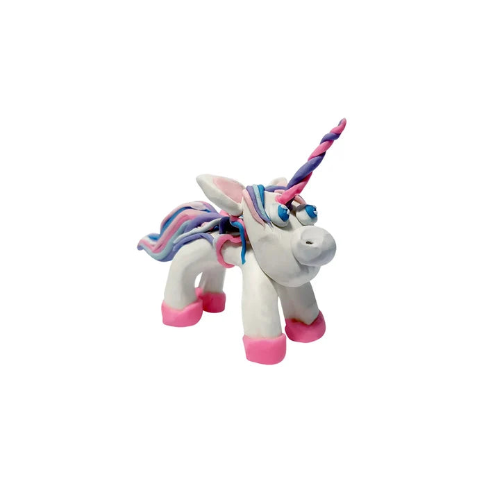 White plasticine unicorn with pink hooves, a blue and pink mane, and a spiraled purple and pink horn.