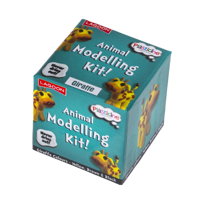 Teal cube-shaped box for a Plasticine giraffe modeling kit featuring photos of a clay giraffe and product logos.