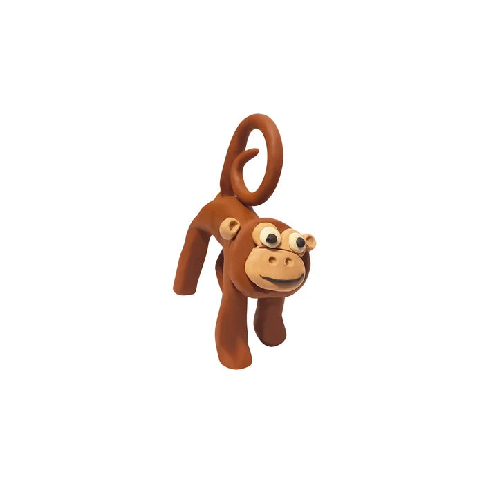 Brown plasticine monkey figure with a tan face, large eyes, and a long curly tail on a white background.