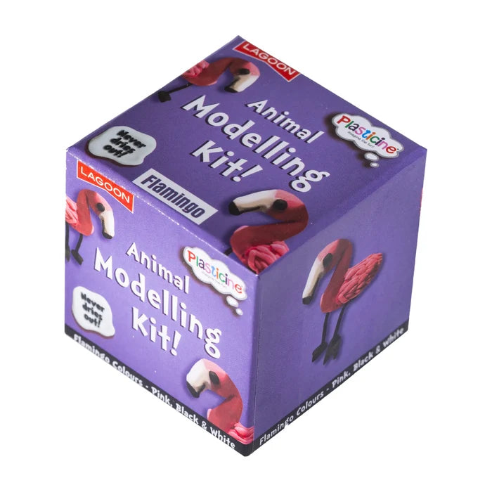 Purple cube box for a flamingo modelling kit with pink clay bird illustrations and Plasticine branding.