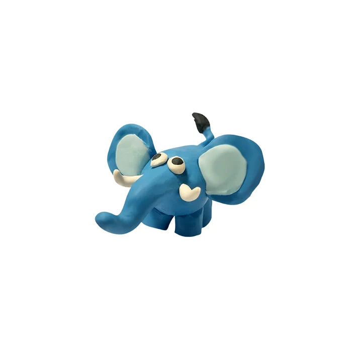 A small, blue hand-modeled plasticine elephant with large ears, white tusks, and a curved trunk.
