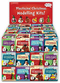 Red display box of Christmas modelling kits for Santa, reindeer, snowmen, elves, and trees in colorful packaging.