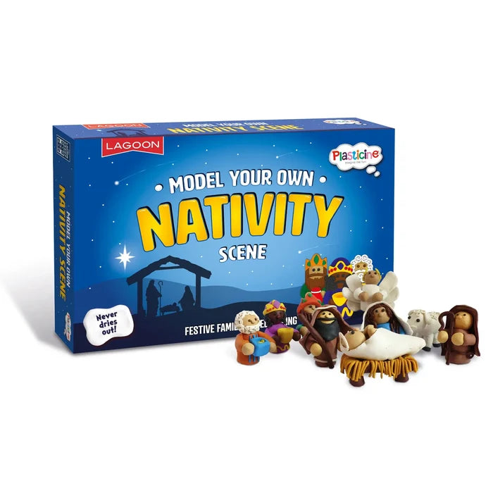 Blue kit box with colorful molded clay figures of baby Jesus in a manger, Mary, Joseph, and the three wise men.