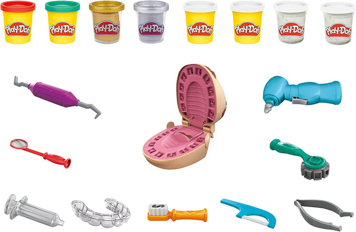 Eight colorful dough cans, a toy mouth mold, and various dental tools including a drill, mirror, and toothbrush.