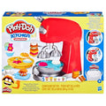 Red toy stand mixer in yellow packaging with a silver bowl, five dough cans, and colorful molded clay treats.