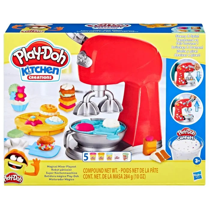 Red toy stand mixer in yellow packaging with a silver bowl, five dough cans, and colorful molded clay treats.