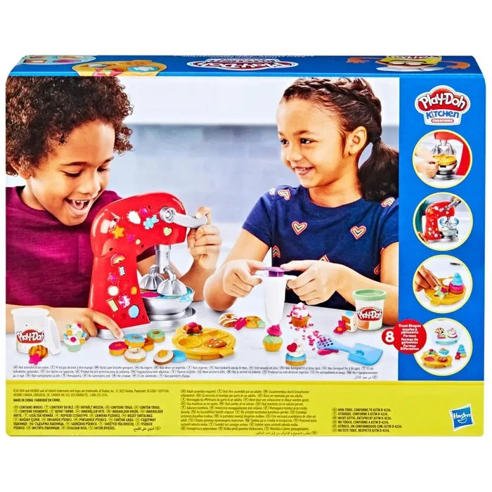 Back of box shows children using a red toy mixer to make colorful Play-Doh treats, with circular inset product photos.