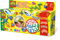 Yellow SES dough box with animal illustrations, windows showing dough tubs, and assorted colorful plastic cutters.