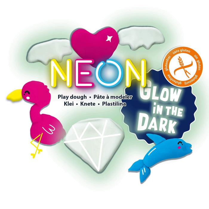 Neon play dough figures of a pink flamingo, blue dolphin, and white diamond with colorful glow-in-the-dark text.