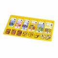 Bright yellow plastic tray with compartments containing play Euro banknotes and coins.