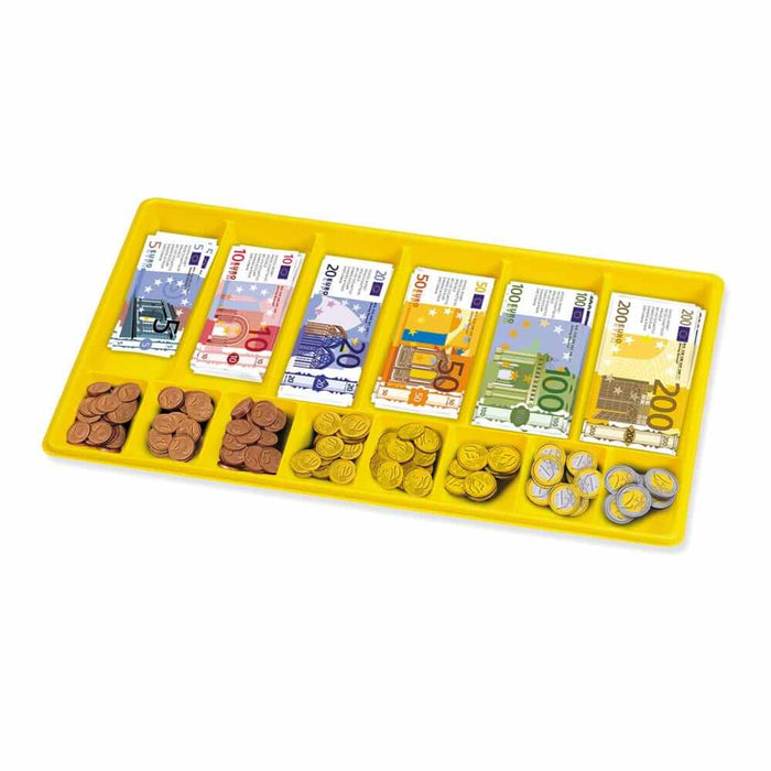Bright yellow plastic tray with compartments containing play Euro banknotes and coins.