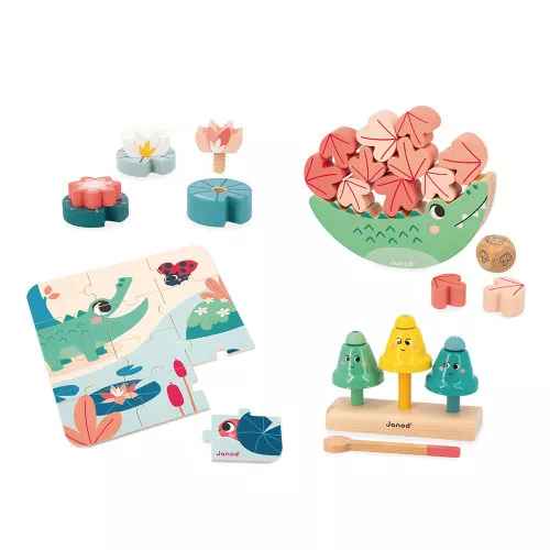 Pastel wooden toys including a balancing crocodile, leaf blocks, three bell chimes, flower screw toys, and a puzzle.