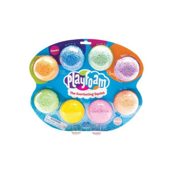 Eight round pods of colorful, beaded foam in a blue package, including shades of pink, blue, yellow, and green.