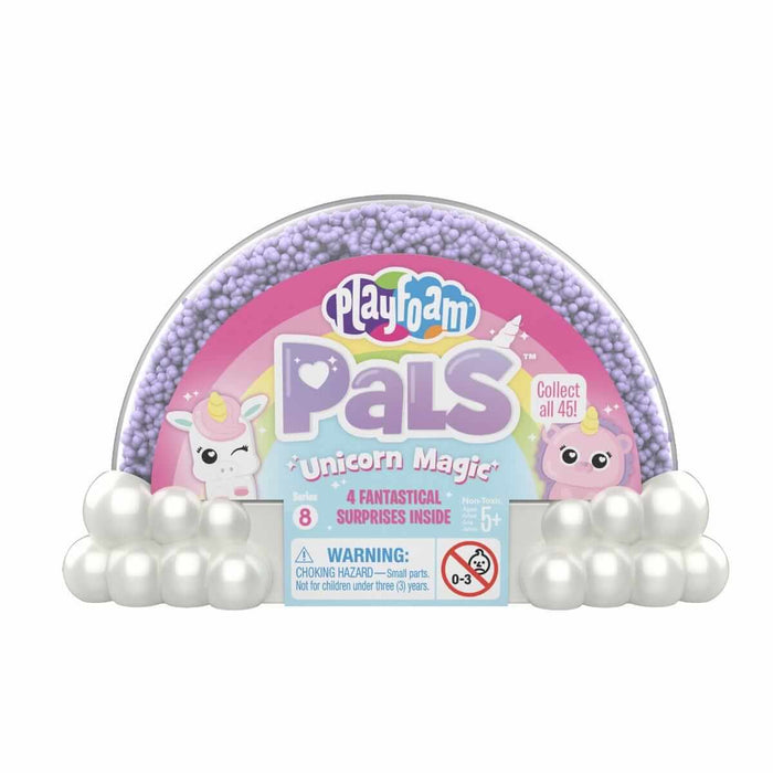 Purple play foam in a rainbow-shaped container with unicorn graphics and a white cloud-shaped base.