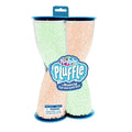 Twisted hourglass packaging filled with green and peach foam textures, blue lids, and Playfoam Pluffle brand label.
