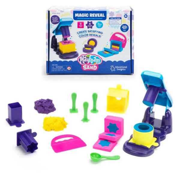 Sand toy kit box with blue press, purple and yellow sand, and various bright pink, green, and purple plastic tools.