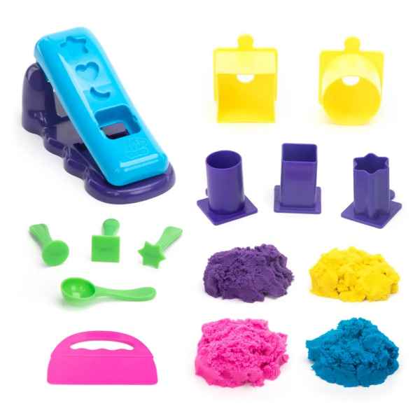 Colorful play sand set with four piles of sand, plastic sculpting tools, stamps, molds, and a blue sand press.
