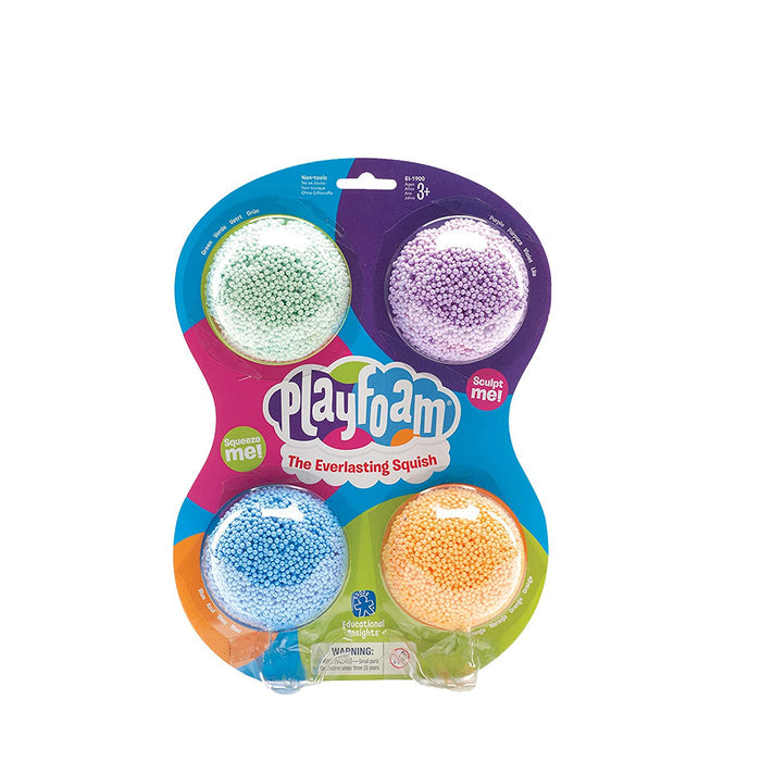 Green, purple, blue, and orange beaded foam spheres in a colorful 4-pack blister card package.