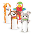 Four plush animal hand puppets including an orange striped cat, red parrot, brown checkered dog, and grey rabbit.