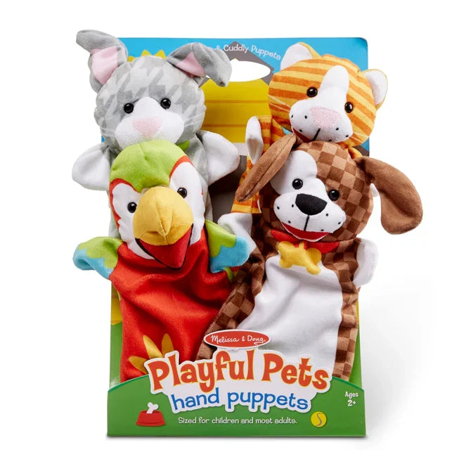 Set of four plush hand puppets: a grey bunny, orange cat, colorful parrot, and brown checkered dog in packaging.
