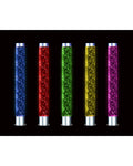 Row of five bubble tubes glowing in blue, red, green, yellow, and purple with silver bases.