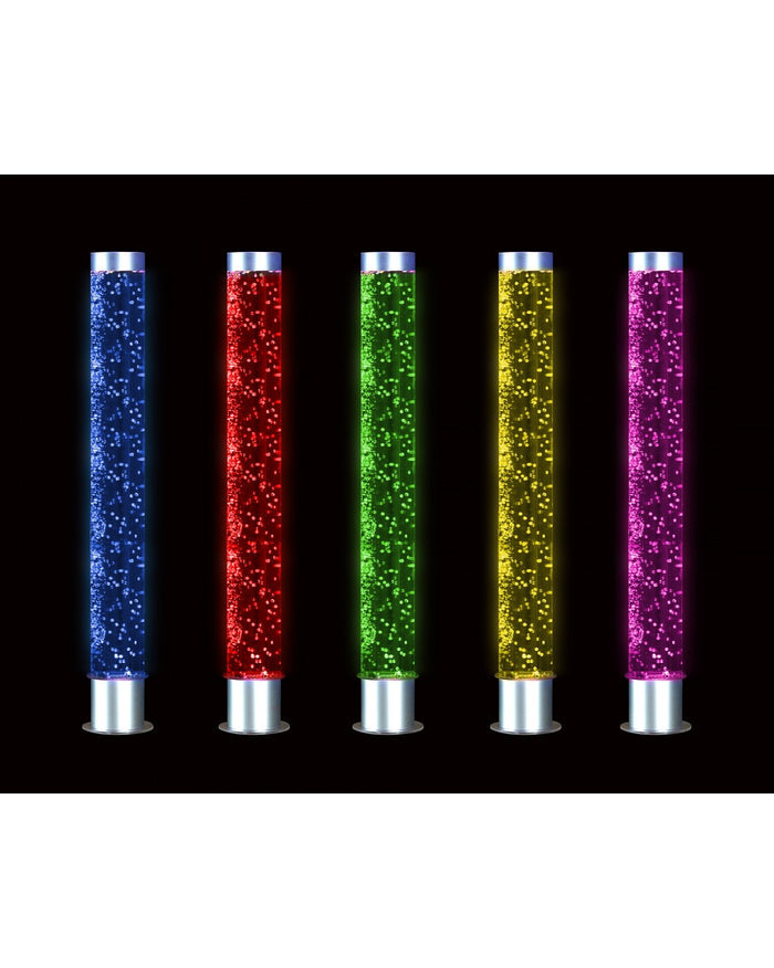 Row of five bubble tubes glowing in blue, red, green, yellow, and purple with silver bases.