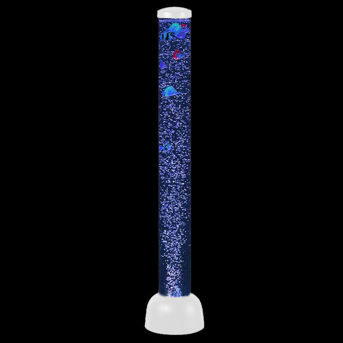 Tall cylindrical sensory tube with white base and cap, blue internal light, rising bubbles, and colorful toy fish.