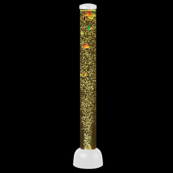 Tall cylindrical water lamp with white base, rising golden bubbles, and colorful toy fish floating inside.